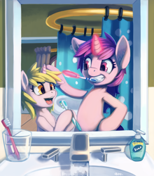 Size: 3332x3787 | Tagged: safe, artist:ligerstorm, amethyst star, dinky hooves, sparkler, pony, bathroom, brushing, hand soap, levitation, magic, mirror, open mouth, sink, teaching, telekinesis, toothbrush, water