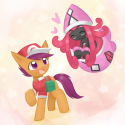 Size: 1200x1200 | Tagged: safe, artist:howxu, scootaloo, pony, clothes, commission, crossover, duo, female, filly, hat, pokémon, smiling, tapu lele