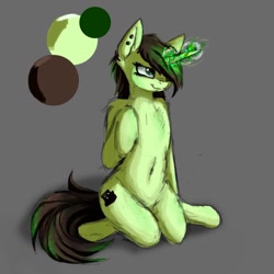 Size: 1080x1080 | Tagged: safe, artist:polakz, oc, oc only, oc:emerald gem, semi-anthro, unicorn, gray background, magic, simple background, solo