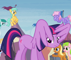 Size: 1264x1074 | Tagged: safe, screencap, apple cobbler, linky, rainbowshine, red gala, shoeshine, spring melody, sprinkle medley, sunshower raindrops, twilight sparkle, twilight sparkle (alicorn), alicorn, earth pony, pegasus, pony, trade ya, adorkable, apple family member, blushing, covering, cropped, cute, dork, embarrassed, eyes closed, facewing, female, floating, frown, gritted teeth, happy, hiding behind wing, hub logo, mare, observer, open mouth, raised hoof, shy, smiling, wing hands, wings