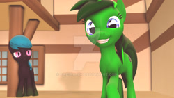 Size: 1024x576 | Tagged: safe, artist:firesparky, oc, oc only, oc:sombris neon, bat pony, earth pony, pony, 3d, female, mare, smiling, watermark