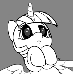 Size: 1280x1307 | Tagged: safe, artist:pabbley, twilight sparkle, twilight sparkle (alicorn), alicorn, pony, 30 minute art challenge, cute, gray background, hooves to the chest, monochrome, on back, pabbley is trying to murder us, simple background, solo, starry eyes, twiabetes, wingding eyes