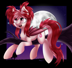 Size: 2000x1890 | Tagged: safe, artist:kruszyna25, oc, oc only, oc:ruby skies, bat pony, pony, commission, cute, cutie mark, full moon, happy, lighting, moon, open mouth, shadows, smiling, solo, tree, tree branch, wings