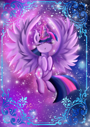 Size: 1024x1448 | Tagged: safe, artist:animechristy, twilight sparkle, twilight sparkle (alicorn), alicorn, pony, eyes closed, magic, open mouth, solo, spread wings