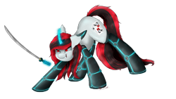 Size: 6400x3600 | Tagged: safe, artist:ruby dusk, oc, oc only, oc:blackjack, cyborg, pony, unicorn, fallout equestria, fallout equestria: project horizons, absurd resolution, female, fighting stance, katana, level 2 (project horizons), magic, solo, sword, weapon