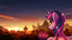 Size: 3200x1800 | Tagged: safe, artist:nekokevin, twilight sparkle, twilight sparkle (alicorn), alicorn, pony, canterlot, canterlot castle, cloud, digital art, female, lens flare, looking at something, mare, morning, night, ponyville, rear view, scenery, sky, solo, stars, sunset, town hall, twilight (astronomy), watermark