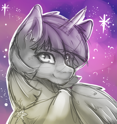 Size: 1280x1361 | Tagged: safe, artist:serenity, twilight sparkle, twilight sparkle (alicorn), alicorn, pony, cute, ear fluff, female, galaxy, jewelry, magic, mare, necklace, sketch, solo, stars, wip