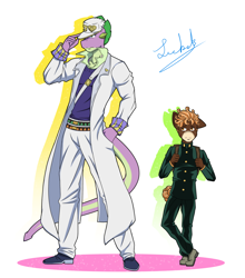 Size: 1280x1457 | Tagged: safe, artist:comeththehour, spike, oc, oc:sweet treat, anthro, dragon, diamond is unbreakable, jojo's bizarre adventure, jotaro kujo, koichi hirose