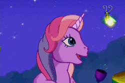 Size: 360x240 | Tagged: safe, screencap, lily lightly, firefly (insect), pony, a very pony place, come back lily lightly, g3, animated, catface, cute, duet, flower, gif, glowing horn, lily cutely, looking around, looking at each other, night, shine on, singing, song, stars