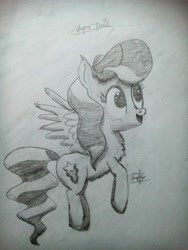 Size: 3120x4160 | Tagged: safe, artist:kimjoman, vapor trail, pegasus, pony, absurd resolution, chest fluff, female, flying, happy, monochrome, pencil drawing, shading, solo, traditional art