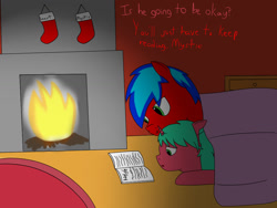 Size: 1024x768 | Tagged: safe, artist:azuresartden, oc, oc only, oc:mystic pink, earth pony, pony, unicorn, blanket, book, fire, reading, worried