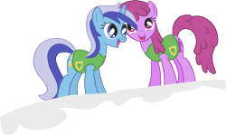 Size: 2906x1733 | Tagged: safe, artist:greseres, berry punch, berryshine, minuette, earth pony, pony, unicorn, winter wrap up, background pony, duo, female, mare, plant team, ponies standing next to each other, simple background, snow, transparent background, vector, winter wrap up vest