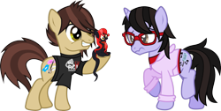 Size: 2351x1184 | Tagged: safe, artist:lightningbolt, derpibooru exclusive, oc, oc:mave, alp-luachra, earth pony, original species, pony, unicorn, .svg available, 3:, backing away, badumsquish approved, brendon urie, casual, clothes, cute, cutie mark, excited, eye contact, female, frown, glasses, hair over one eye, happy, hoodie, hoof hold, lidded eyes, long mane, long tail, looking at each other, male, nervous, open mouth, panic! at the disco, ponified, raised hoof, raised leg, ryan ross, scared, shirt, simple background, sitting, size difference, smiling, stallion, standing, svg, t-shirt, tail between legs, transparent background, trio, underhoof, undershirt, vector, worried, zipper
