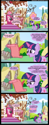 Size: 1312x3331 | Tagged: dead source, safe, artist:veggie55, derpibooru import, pinkie pie, twilight sparkle, earth pony, pony, comic, letter, magic, quill, scroll, smoke, sugarcube corner, telekinesis, the it crowd