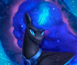 Size: 1000x849 | Tagged: safe, artist:rodrigues404, nightmare moon, alicorn, pony, color porn, female, glowing horn, mare, missing accessory, serious, serious face, solo