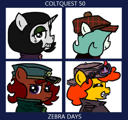 Size: 640x600 | Tagged: safe, artist:ficficponyfic, oc, oc only, oc:emerald jewel, oc:joyride, oc:pipadeaxkor, oc:ruby rouge, demon, demon pony, earth pony, pony, unicorn, art parody, clothes, colt, colt quest, cyoa, demon days, eyeshadow, female, filly, foal, gorillaz, hat, horn, jacket, logo, logo parody, makeup, male, mare, ponified, ponified album cover, recap, story included, title, title card
