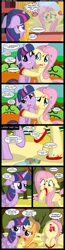 Size: 1189x4555 | Tagged: safe, artist:veggie55, derpibooru import, applejack, fluttershy, twilight sparkle, twilight sparkle (alicorn), alicorn, earth pony, parasprite, pegasus, pony, absurd resolution, bait and switch, comedy, comic, death, floppy ears, not blood, paint, squashed, stain