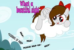 Size: 3000x2010 | Tagged: safe, artist:rsa.fim, oc, oc only, oc:whisper hope, pegasus, pony, bow, cloud, female, mexican, on a cloud, red eyes, ribbon, solo, tail bow, tail wrap, unitárium