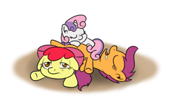 Size: 950x600 | Tagged: safe, artist:yakoshi, apple bloom, scootaloo, sweetie belle, adorabloom, cute, cutealoo, cutie mark crusaders, diasweetes, drool, floppy ears, pony pile, pony pillow, sleeping, tired