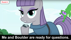 Size: 1600x900 | Tagged: safe, boulder (pet), gummy, maud pie, alligator, earth pony, pony, comic:celestia's servant interview, caption, cs captions, female, grammar error, interview, mare