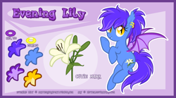 Size: 2000x1115 | Tagged: safe, artist:lifyen, oc, oc only, oc:evening lily, bat pony, pony, reference sheet, solo