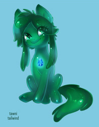 Size: 2574x3300 | Tagged: safe, artist:tawni-tailwind, oc, oc only, oc:lime sapphire, goo, goo pony, original species, blue background, colored pupils, freckles, happy, huggable, lime, looking at you, sapphire, simple background, sitting, solo