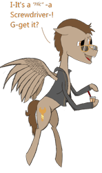 Size: 985x1660 | Tagged: safe, artist:the claud, derpibooru exclusive, oc, oc only, oc:toffee scotch, pegasus, pony, accessories, alcohol, bad joke, bad pun, clothes, drunk, glasses, jacket, pun, request, screwdriver, simple background, solo, sunglasses, transparent background