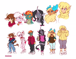 Size: 2500x1942 | Tagged: safe, artist:dan-heron, arizona cow, oleander, paprika paca, pom lamb, tianhuo, velvet reindeer, alpaca, anthro, classical unicorn, cow, deer, lamb, reindeer, sheep, them's fightin' herds, :p, clothes, community related, fightin' six, height difference, leonine tail, line-up, simple background, study, sweater, tongue out