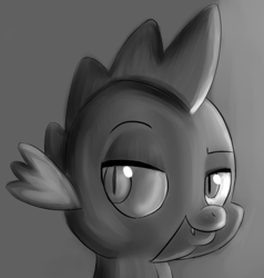 Size: 2009x2108 | Tagged: safe, artist:itsthinking, spike, dragon, bust, gradient background, gray background, grayscale, lidded eyes, monochrome, portrait, simple background, smiling, smug, solo