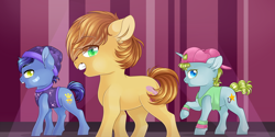 Size: 4251x2125 | Tagged: safe, artist:schokocream, feather bangs, earth pony, pony, unicorn, hard to say anything, absurd resolution, backup dancers, beautiful, blue eyes, clothes, dancing, fight, glamor trot, golden eyes, green eyes, hat, love, male, open eyes, open mouth, shirt, singing, smooth vibes, song, sweater, t-shirt