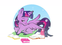 Size: 1600x1171 | Tagged: safe, artist:pokori, twilight sparkle, twilight sparkle (alicorn), alicorn, pony, book, colored hooves, cute, head turn, lidded eyes, looking at you, looking sideways, looking up, solo, sparkles, spread wings, twiabetes, wings