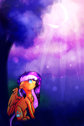 Size: 400x604 | Tagged: safe, artist:twinkepaint, oc, oc only, oc:sunrise, pegasus, pony, female, mare, moon, night, solo, tree