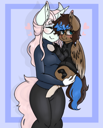 Size: 2500x3100 | Tagged: safe, artist:mimisaurusrex, oc, oc only, oc:pastel galaxy, oc:playthrough, anthro, pegasus, pony, unicorn, anthro with ponies, blushing, clothes, eyes closed, glasses, grumpy, holding a pony, hoodie, horn, looking away, smiling, sweater, tights, turtleneck, wings