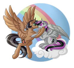 Size: 6000x5500 | Tagged: safe, artist:amazing-artsong, oc, oc only, oc:artsong, oc:thespia, pegasus, pony, absurd resolution, female, flying, lesbian, mare, oc x oc, rainbow, shipping, spread wings, tongue out, wings