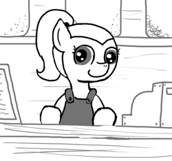 Size: 640x600 | Tagged: safe, artist:ficficponyfic, oc, oc only, earth pony, pony, cash register, colt quest, counter, cute, cyoa, female, mare, monochrome, ponytail, shelf, shop, smiling, solo, story included