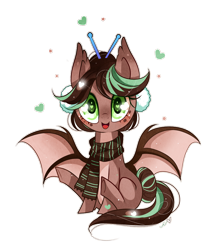 Size: 850x989 | Tagged: safe, artist:ipun, oc, oc only, oc:cocoa dot, bat pony, pony, clothes, female, heart, heart eyes, mare, scarf, simple background, sitting, solo, transparent background, wingding eyes