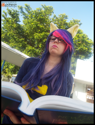 Size: 1513x2000 | Tagged: safe, artist:krazykari, twilight sparkle, human, book, clothes, cosplay, costume, glasses, irl, irl human, photo, pony ears, reading, solo, wondercolts uniform