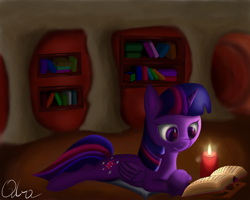 Size: 2500x2000 | Tagged: safe, artist:qbellas, twilight sparkle, twilight sparkle (alicorn), alicorn, pony, book, bookhorse, candle