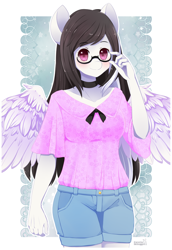 Size: 600x871 | Tagged: safe, artist:exceru-karina, oc, oc only, oc:wintertide, anthro, pegasus, anthro oc, blushing, choker, clothes, commission, female, glasses, looking at you, mare, smiling, smiling at you, solo, spread wings