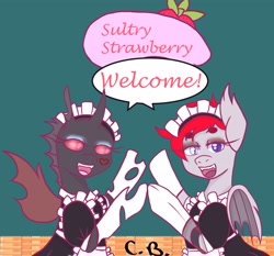 Size: 3640x3391 | Tagged: safe, artist:cottonbreeze, oc, oc only, oc:berry solstice, oc:rummy, bat pony, changeling, pony, brothel, changeling oc, clothes, crossdressing, femboy, heterochromia, maid, male, red changeling, welcome