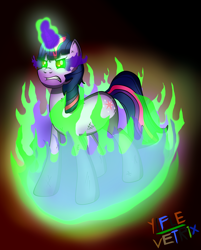 Size: 3384x4200 | Tagged: safe, artist:yifle1, twilight sparkle, corrupted, corrupted twilight sparkle, dark magic, glowing horn, magic, solo, sombra eyes