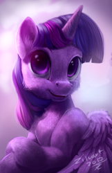 Size: 1890x2922 | Tagged: safe, artist:zilvart, twilight sparkle, twilight sparkle (alicorn), alicorn, pony, bust, cheek fluff, crossed hooves, detailed, feather, fluffy, lip bite, looking at you, portrait, realistic, solo