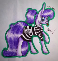 Size: 1002x1062 | Tagged: safe, artist:vionova, oc, oc only, oc:vionova, clothes, costume, prison outfit, prison stripes, solo, tongue out, traditional art