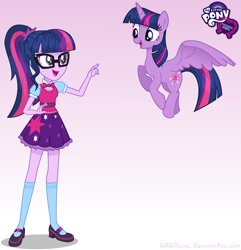 Size: 3751x3889 | Tagged: safe, artist:wawtoons, sci-twi, twilight sparkle, twilight sparkle (alicorn), alicorn, human, pony, equestria girls, bowtie, clothes, glasses, human ponidox, mary janes, my little pony logo, pointing, ponytail, self ponidox, shoes, skirt, socks, twolight, vector, wings