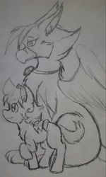Size: 2473x4125 | Tagged: safe, artist:larrykitty, oc, oc only, oc:gin the griffin, oc:himmel, griffon, master and student, monochrome, sketch