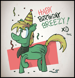 Size: 627x646 | Tagged: safe, artist:mspaintr0cks, oc, oc only, oc:breezeglass, pony, abstract background, happy birthday, hat, lol, party hat, solo, streamers, xd