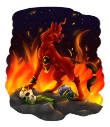 Size: 3400x3900 | Tagged: safe, artist:tetlow-senpai, demon, demon pony, bloodletter, crossover, daemon, fire, khorne, nose piercing, nose ring, piercing, raised hoof, skull, warhammer (game), warhammer 40k