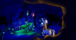 Size: 1024x540 | Tagged: safe, artist:rutkotka, zecora, zebra, commission, everfree forest, forest, night, scenery, solo, zecora's hut