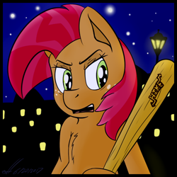 Size: 620x620 | Tagged: safe, artist:xwoofyhoundx, babs seed, pony, angry, baseball bat, lamppost, lights, night, solo, starts