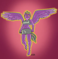 Size: 982x1000 | Tagged: safe, artist:siden, artist:thedashies, lightning dust, oc, oc only, oc:lightning blade, anthro, plantigrade anthro, barefoot, belly button, clothes, feet, midriff, solo, sports bra, spread wings, the dashies